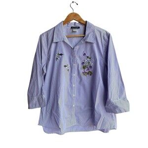 Get Lucky Vintage Women Purple Striped Blouse Size XL Hummingbird Embroidered